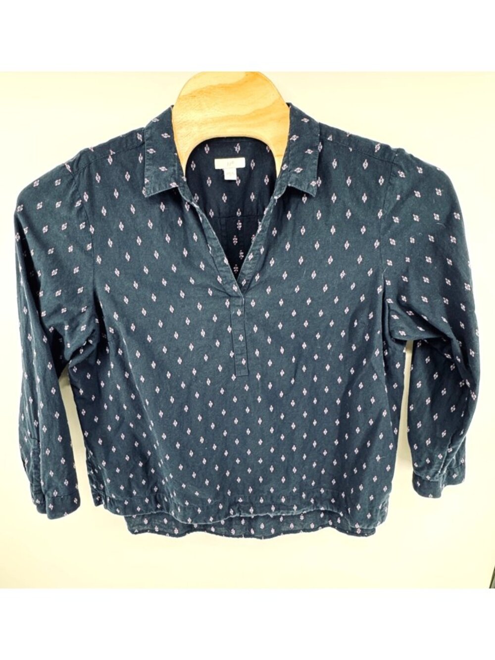 J Jill Navy Embroidered V Neck Collared Long Sleeve Top Womens Size XL Navy Blue